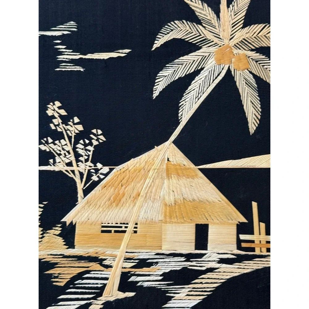 Vintage 60s Set of 2 Bamboo Straw Rice Art Tropical Hut Sailboat Wall Decor